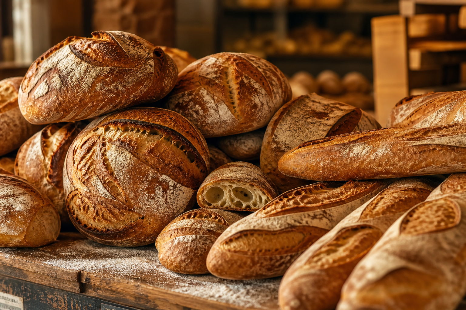 Assorted artisan bread loaves on a board
