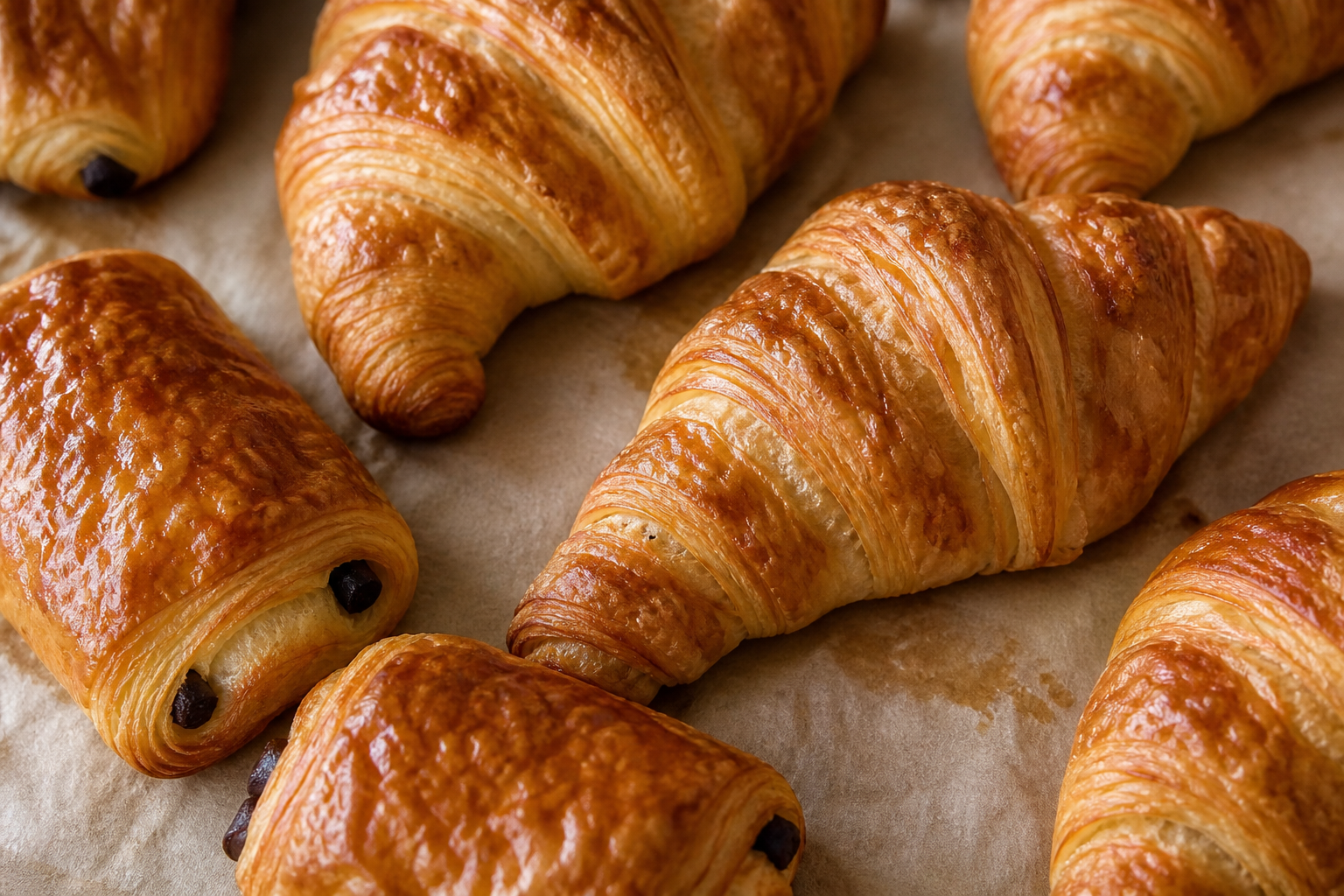 Golden croissants and viennoiserie on display